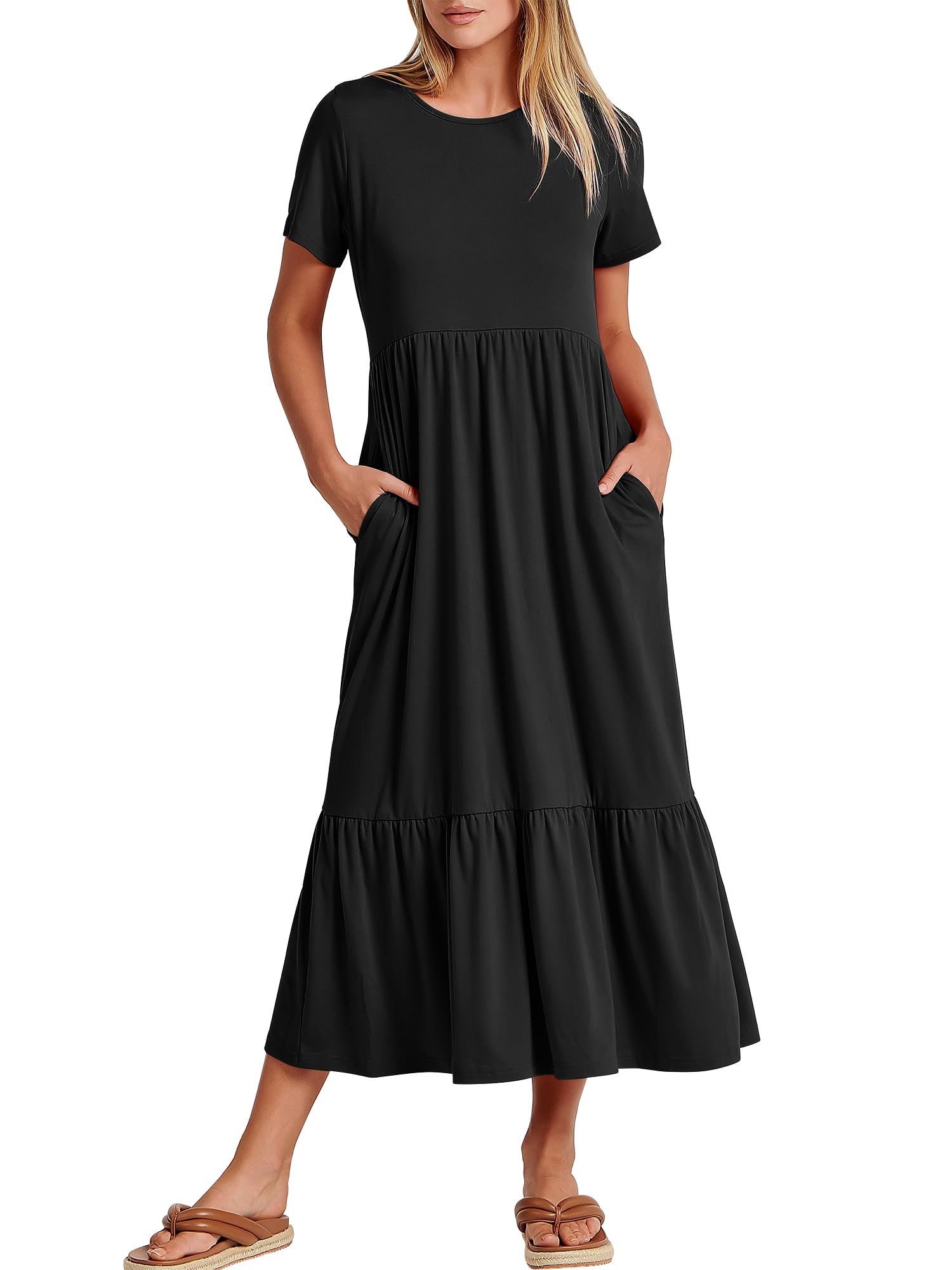 Womens 2026 Summer Casual Maxi Dress A line Tiered Flowy Short Sleeve Crewneck T Shirt Beach Travel Long Dresses