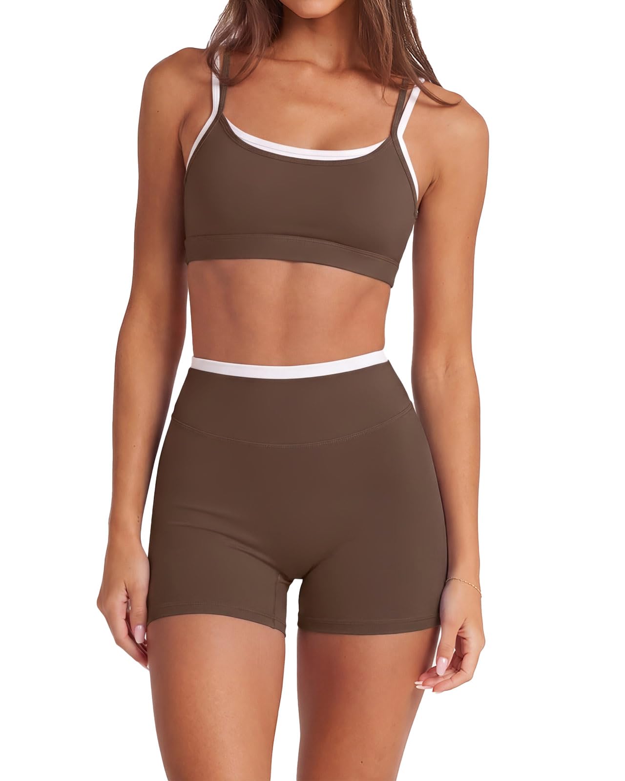 2 Piece Workout Sets Layered Sports Bra Yoga Gym Biker Shorts