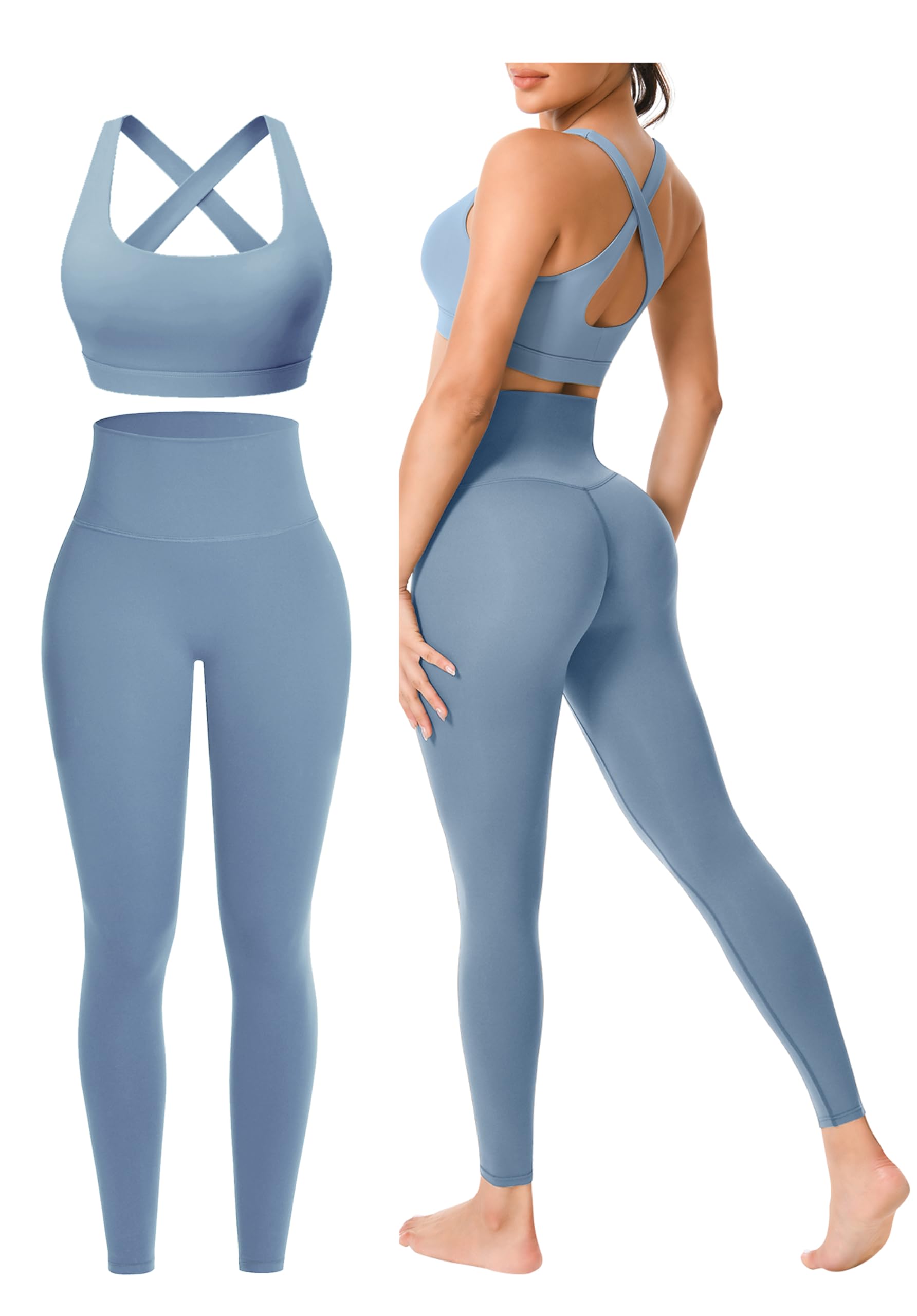 Workout Sets for Women 2 Pieces Seamless Yoga Legging Removable Bra Padding | Two Piece High-Waisted Butter Soft Activewear Plus Size Clothing Deportivo Para Mujer, Sports Supportive Cute Casual Clothes