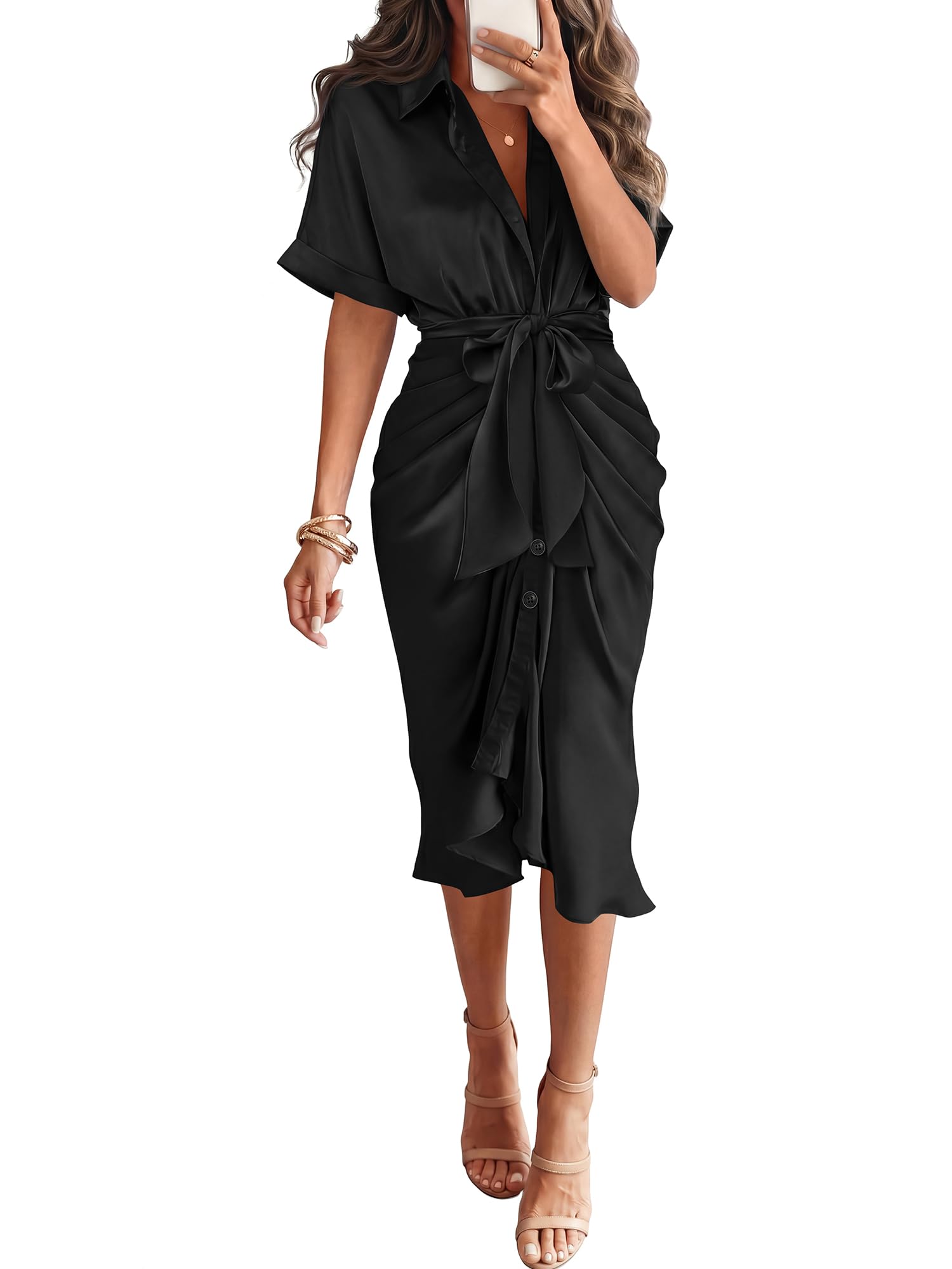 Dresses for Women Business Casual Outfits | Short Sleeve, Button Down, Lightweight, Silk Satin Dress, Ruched, Tie Waist, Cocktail, Party, Wedding Guest, Work Clothes