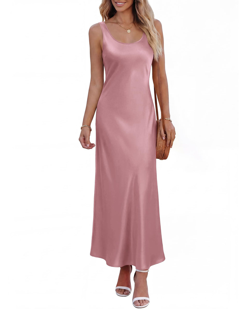 Womens Sleeveless Satin Summer Dresses | Scoop Neck, Lightweight, Loose Sundress, Beach Vacation Clothes, Elegant Cocktail, Party, Going Out Outfits, Fashion Clothing