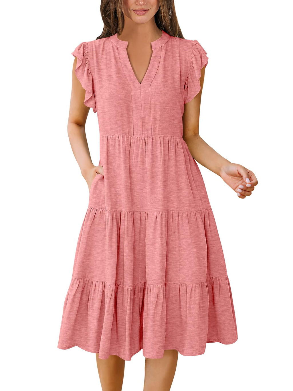 Womens Summer Dress Ruffle Sleeve V Neck Midi Dresses Fashion Casual Fit Flowy Tiered Boho Beach Vacation Sundress