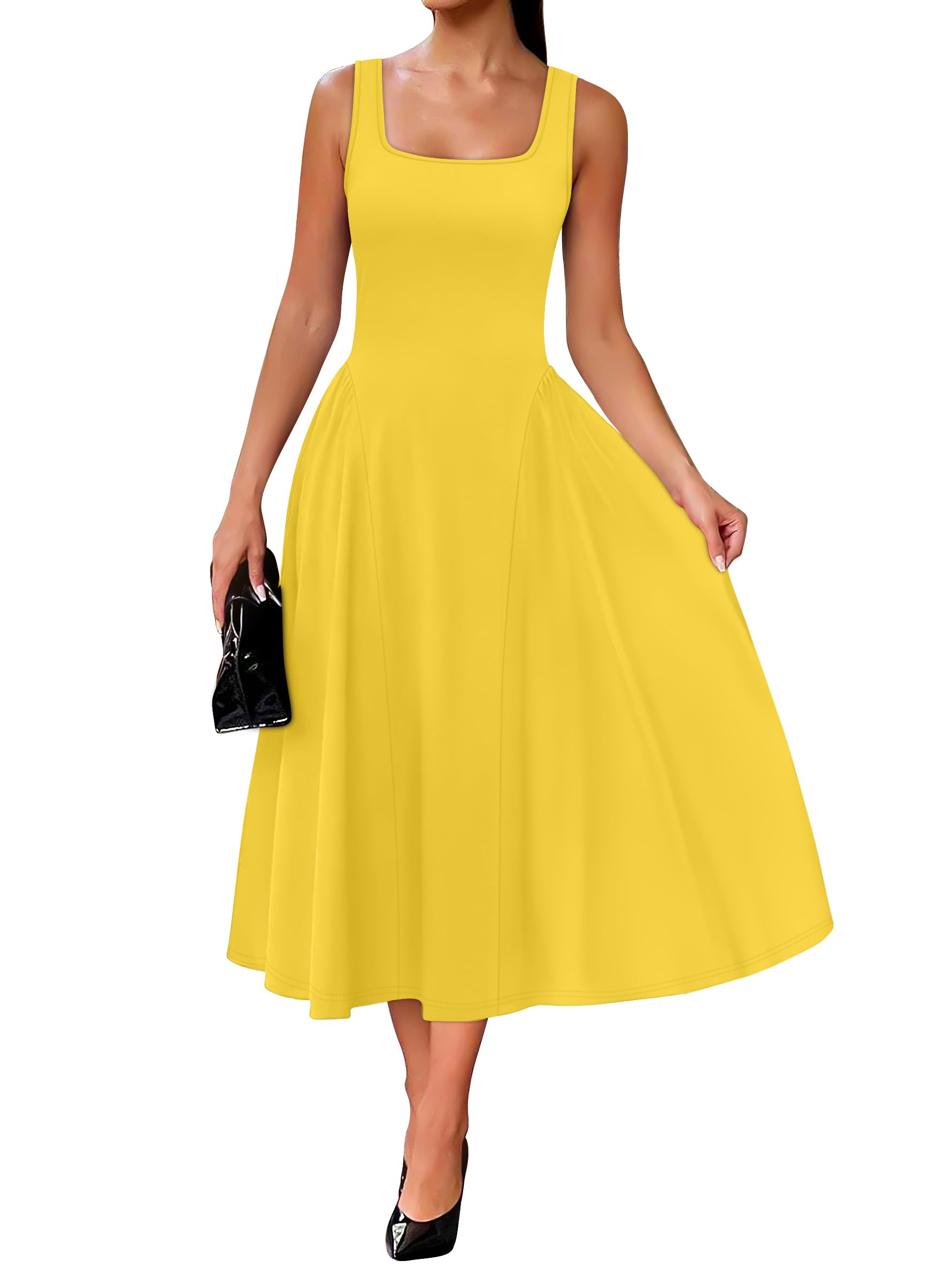 Summer Dresses for Women Square Neck Corset A Line Maxi Dress Ruffle Ruched Waist Flowy Outfits