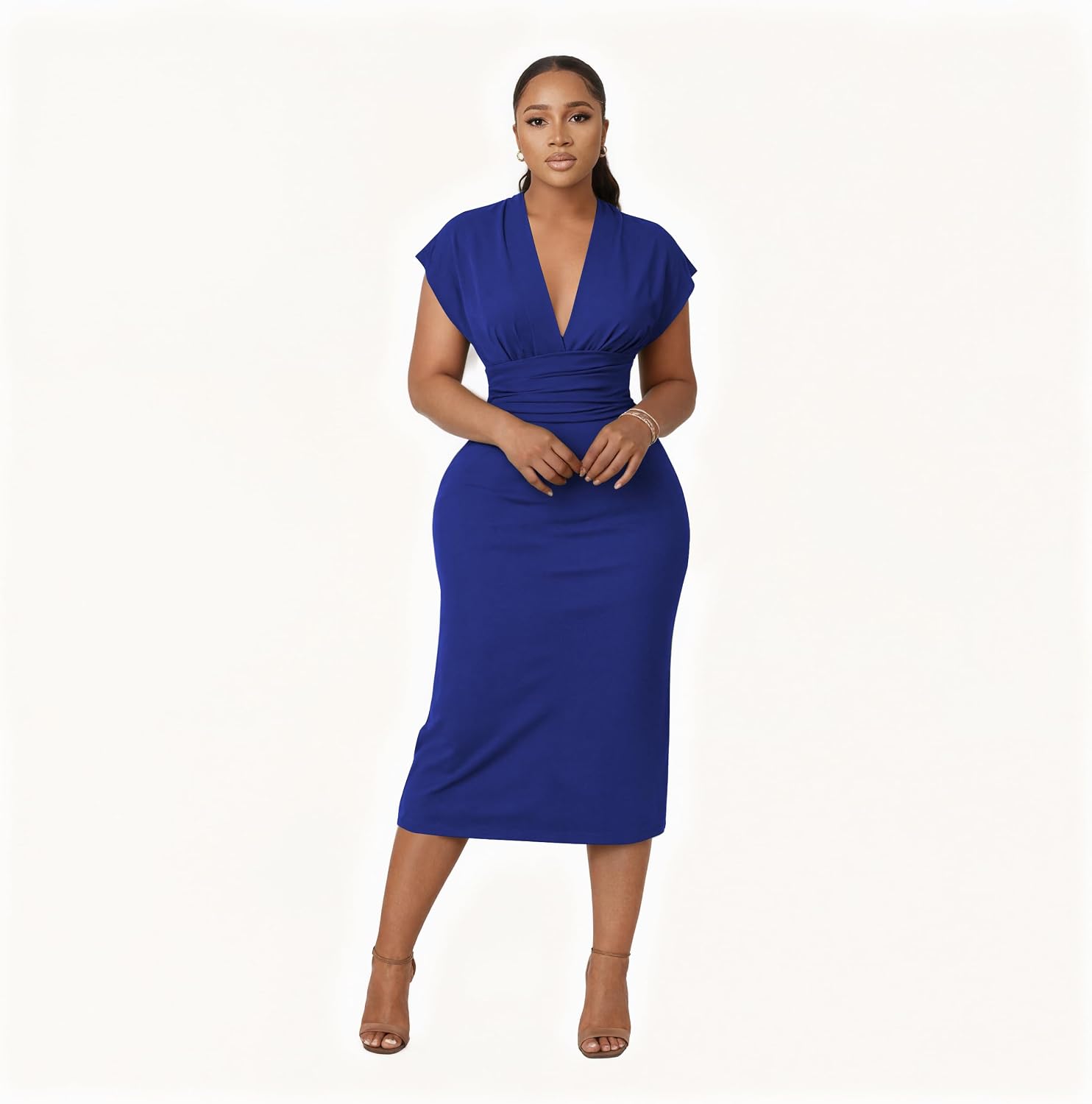 Women's Bodycon Midi Dress Deep V-Neck Cap Sleeve Ruched High Waist Stretchy Dresses for Date Nights, Parties & Work