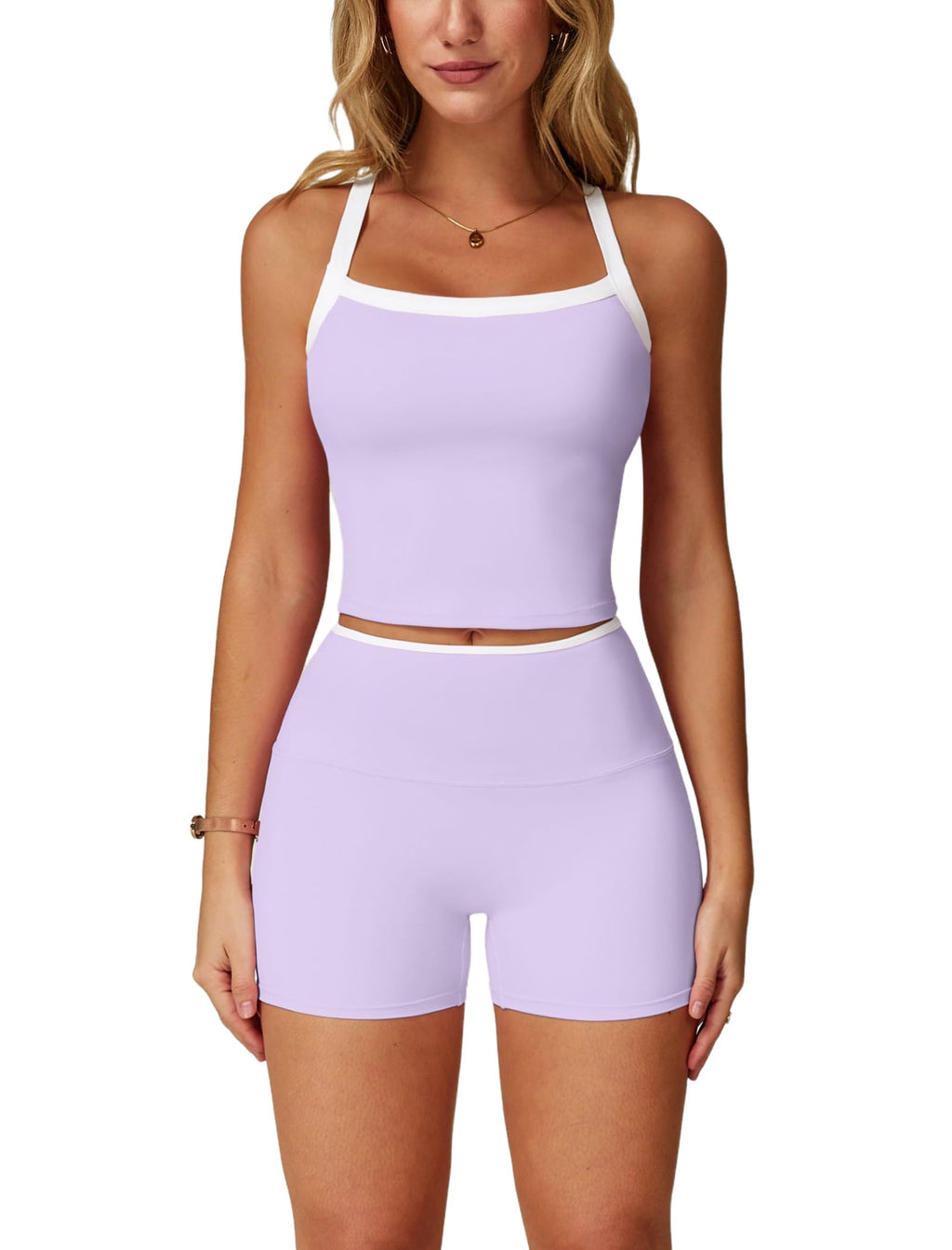 2 Pieces Workout Sets for Women, Cross Back Tank Top Matching High Waist Biker Shorts, Gym Yoga Pilates Outfits