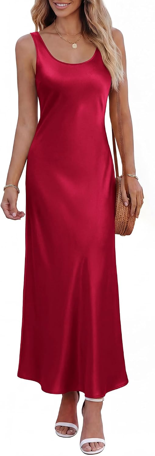 Womens Sleeveless Satin Summer Dresses | Scoop Neck, Lightweight, Loose Sundress, Beach Vacation Clothes, Elegant Cocktail, Party, Going Out Outfits, Fashion Clothing