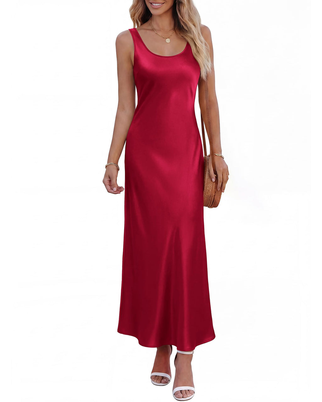 Womens Sleeveless Satin Summer Dresses | Scoop Neck, Lightweight, Loose Sundress, Beach Vacation Clothes, Elegant Cocktail, Party, Going Out Outfits, Fashion Clothing