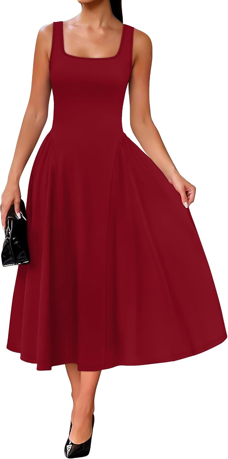 Summer Dresses for Women Square Neck Corset A Line Maxi Dress Ruffle Ruched Waist Flowy Outfits