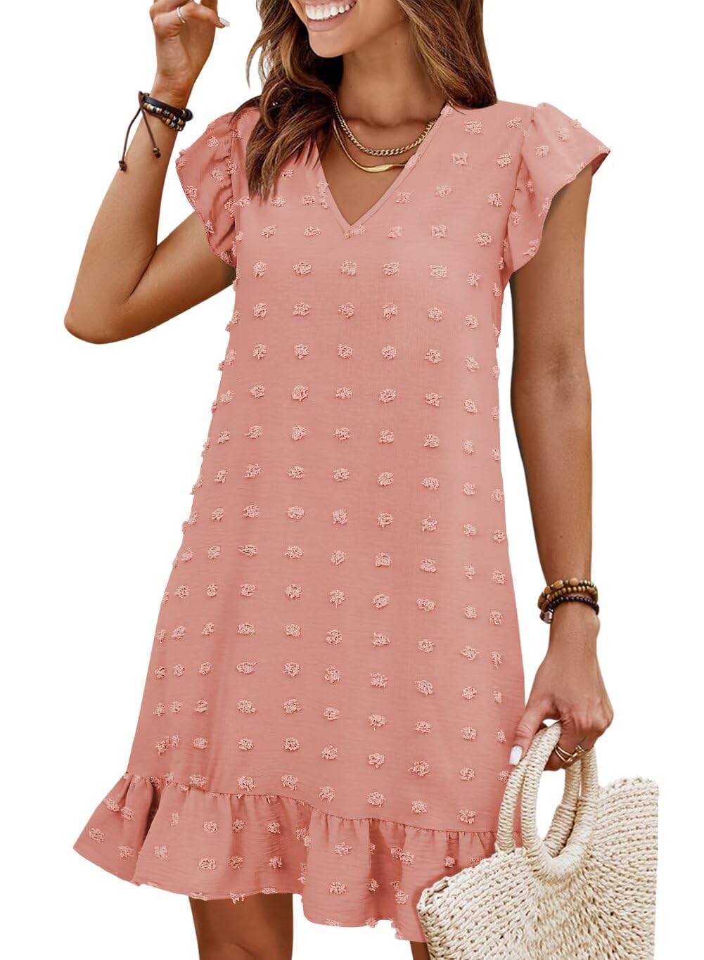 Summer Dresses for Women 2026 Beach Vacation Mini Sundress | Flutter Ruffle Cap Sleeves, V Neck, Ruffle Hem Shift Dress, Casual Loose Fit, Spring Wedding Guest Outfits
