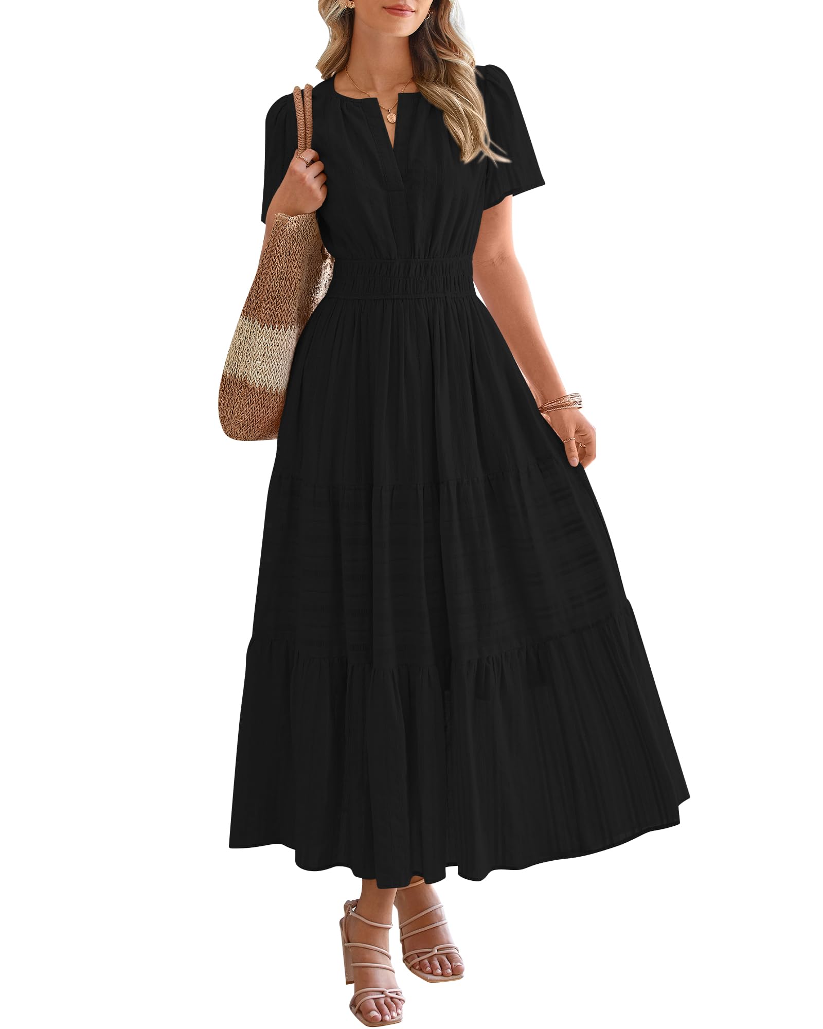Womens Summer 2026 Casual Maxi Dresses | Lightweight Short Sleeve V Neck,Elastic Waist A Line Long Dress,Boho Beach Dress Pockets,Vacation Outfits,Fashion Clothing