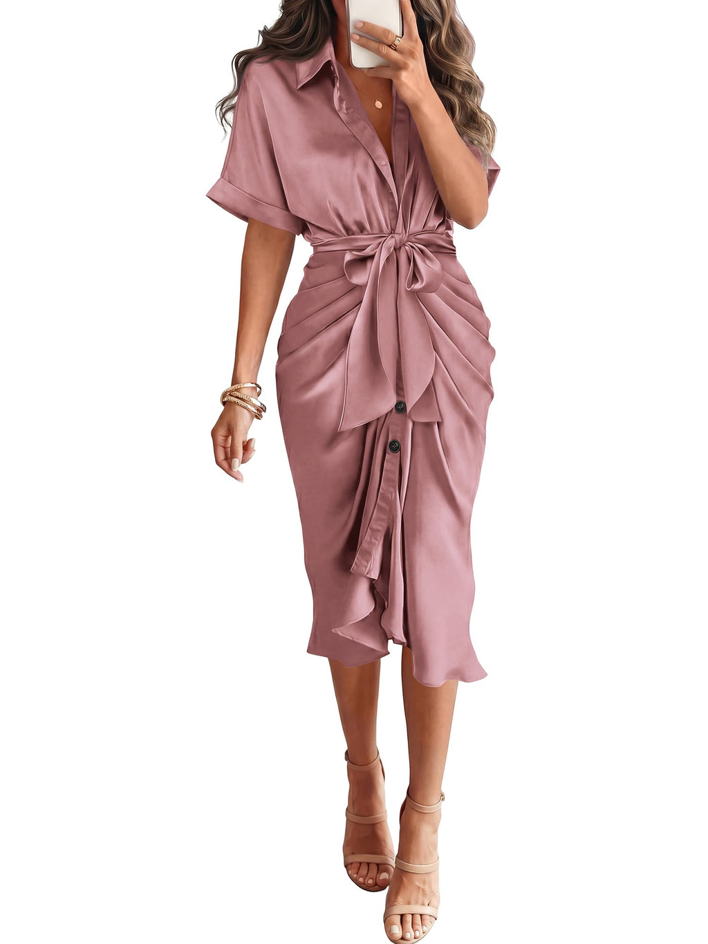 Dresses for Women Business Casual Outfits | Short Sleeve, Button Down, Lightweight, Silk Satin Dress, Ruched, Tie Waist, Cocktail, Party, Wedding Guest, Work Clothes