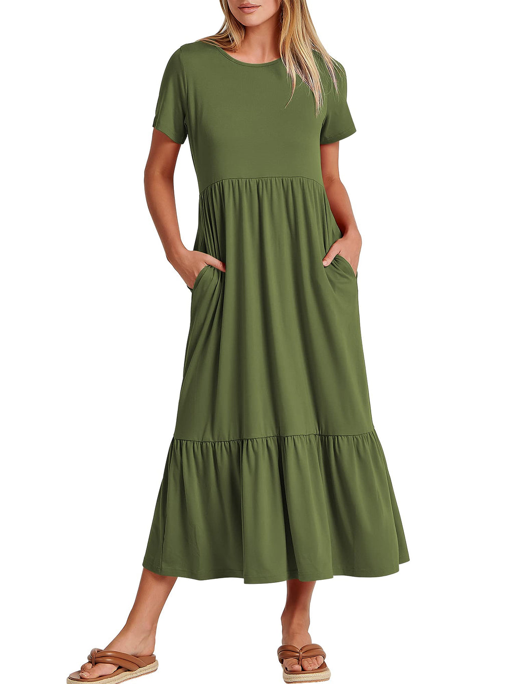Womens 2026 Summer Casual Maxi Dress A line Tiered Flowy Short Sleeve Crewneck T Shirt Beach Travel Long Dresses