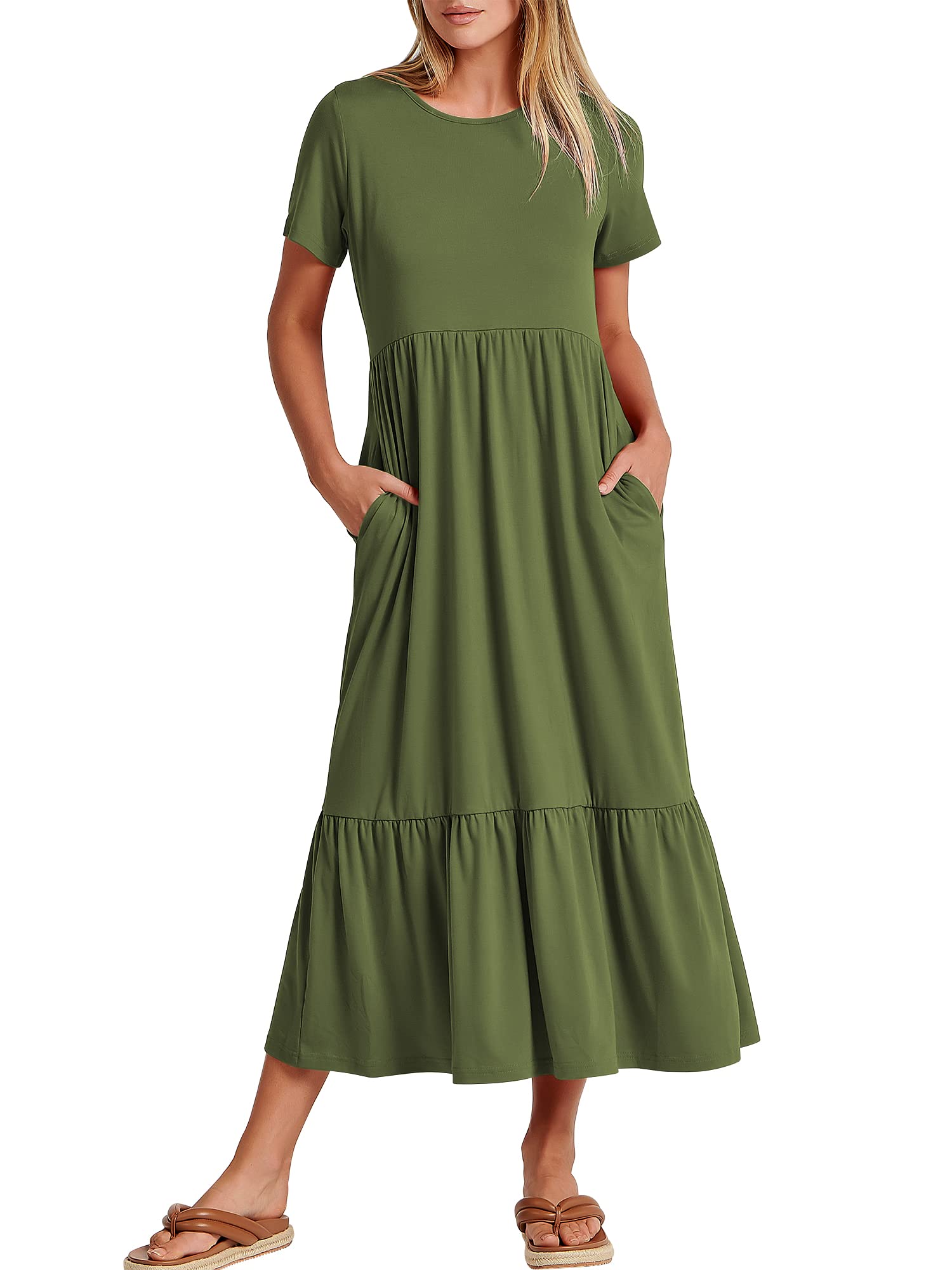 Womens 2026 Summer Casual Maxi Dress A line Tiered Flowy Short Sleeve Crewneck T Shirt Beach Travel Long Dresses