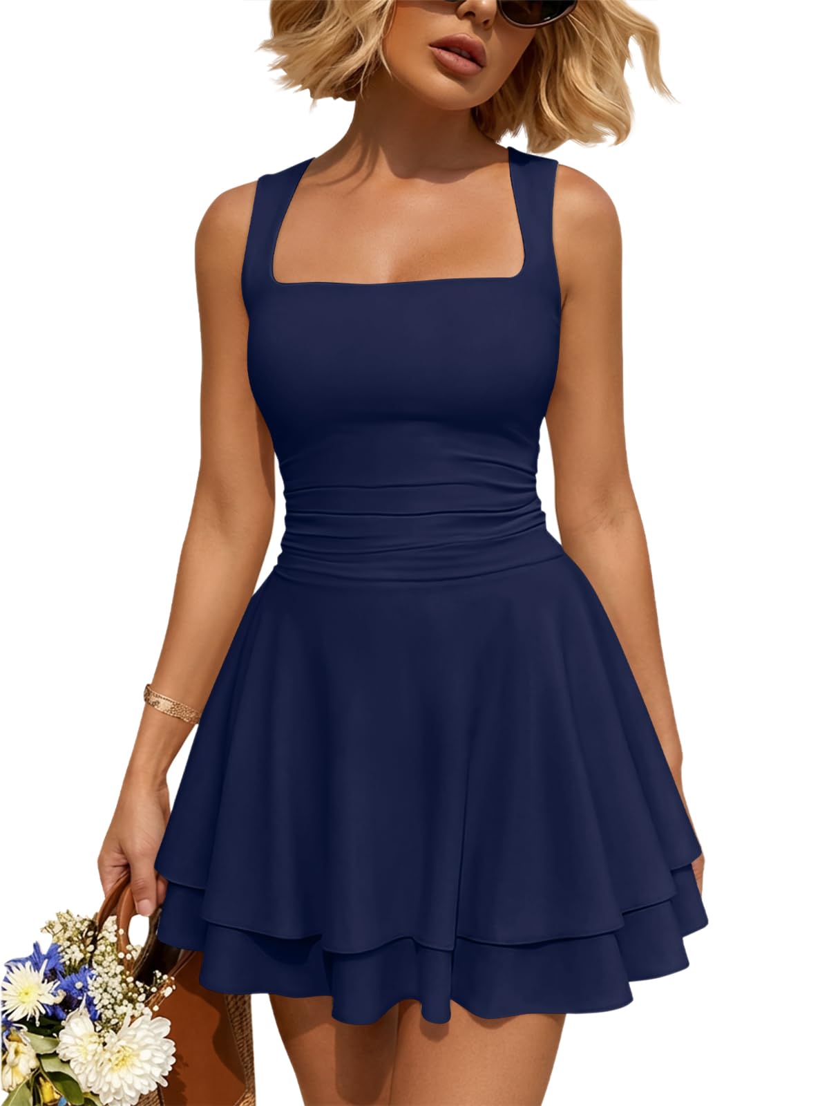 Women Mini Summer Party Homecoming Beach Vacation Sun Dresses | Birthday Square Neck Flowy Short Sundress, 2026 Cruise Outfits, Athletic Cute Clothes, Date Night Club Resort Wear