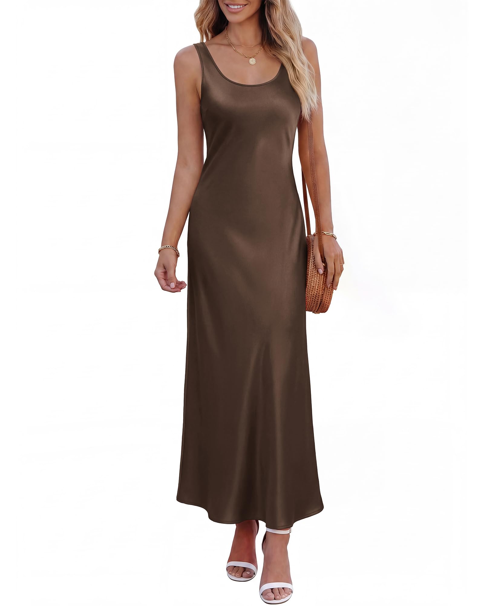 Womens Sleeveless Satin Summer Dresses | Scoop Neck, Lightweight, Loose Sundress, Beach Vacation Clothes, Elegant Cocktail, Party, Going Out Outfits, Fashion Clothing