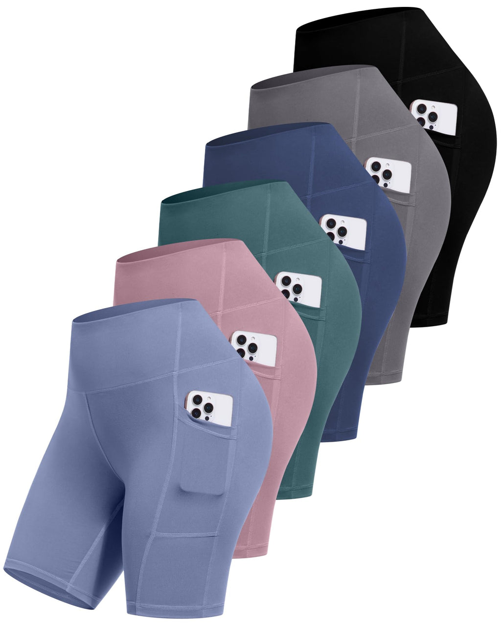 6 Packs Womens Biker Shorts with Pocket, 5 Inch High Waisted Tummy Control Spandex Yoga Workout Shorts