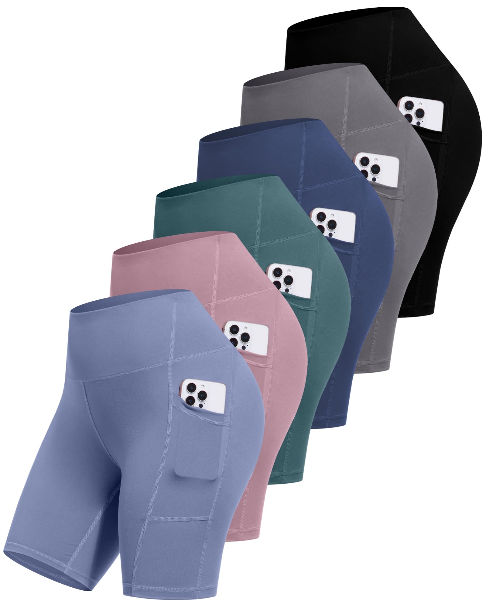 6 Packs Womens Biker Shorts with Pocket, 5 Inch High Waisted Tummy Control Spandex Yoga Workout Shorts
