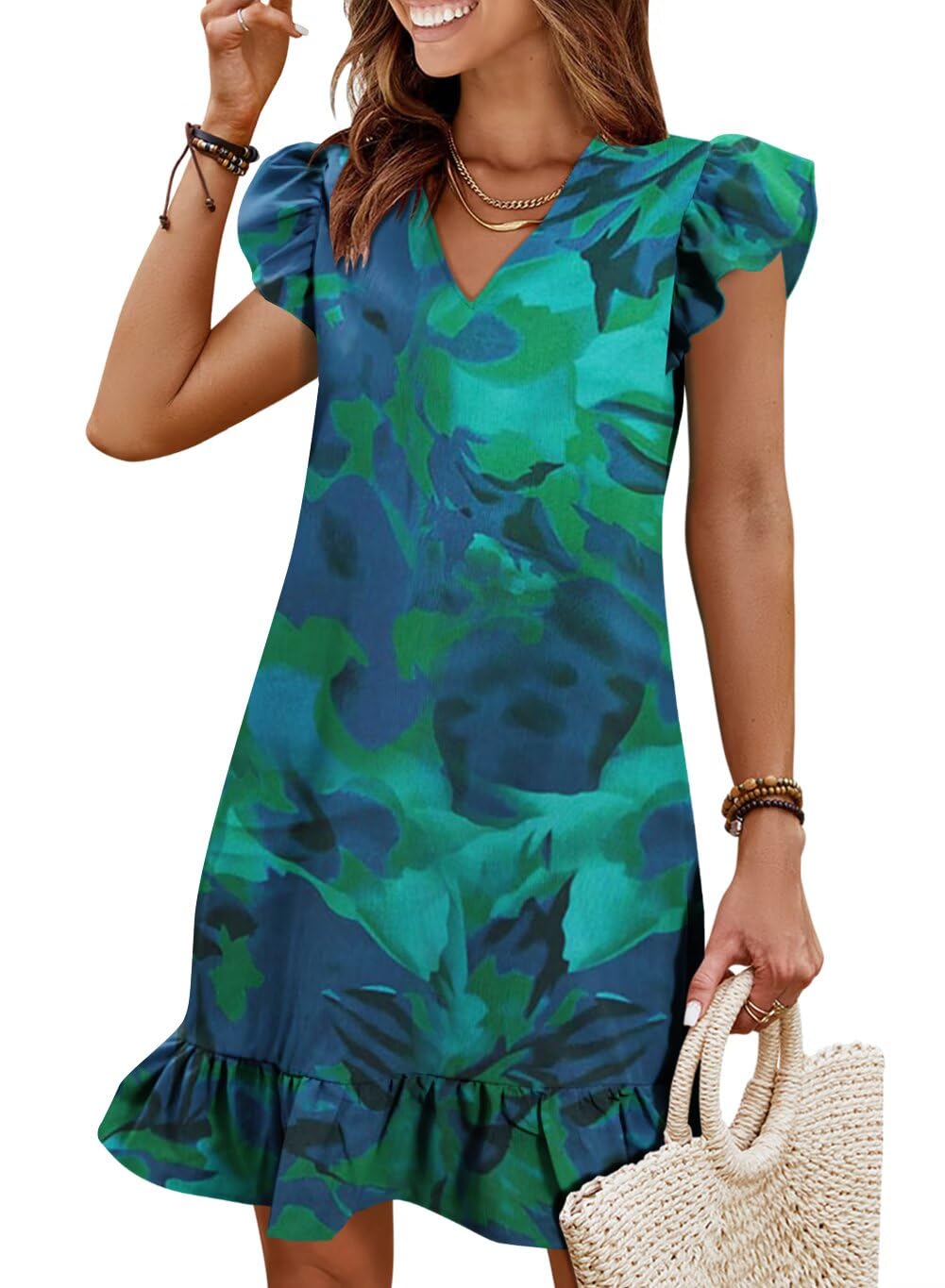 Summer Dresses for Women 2026 Beach Vacation Mini Sundress | Flutter Ruffle Cap Sleeves, V Neck, Ruffle Hem Shift Dress, Casual Loose Fit, Spring Wedding Guest Outfits
