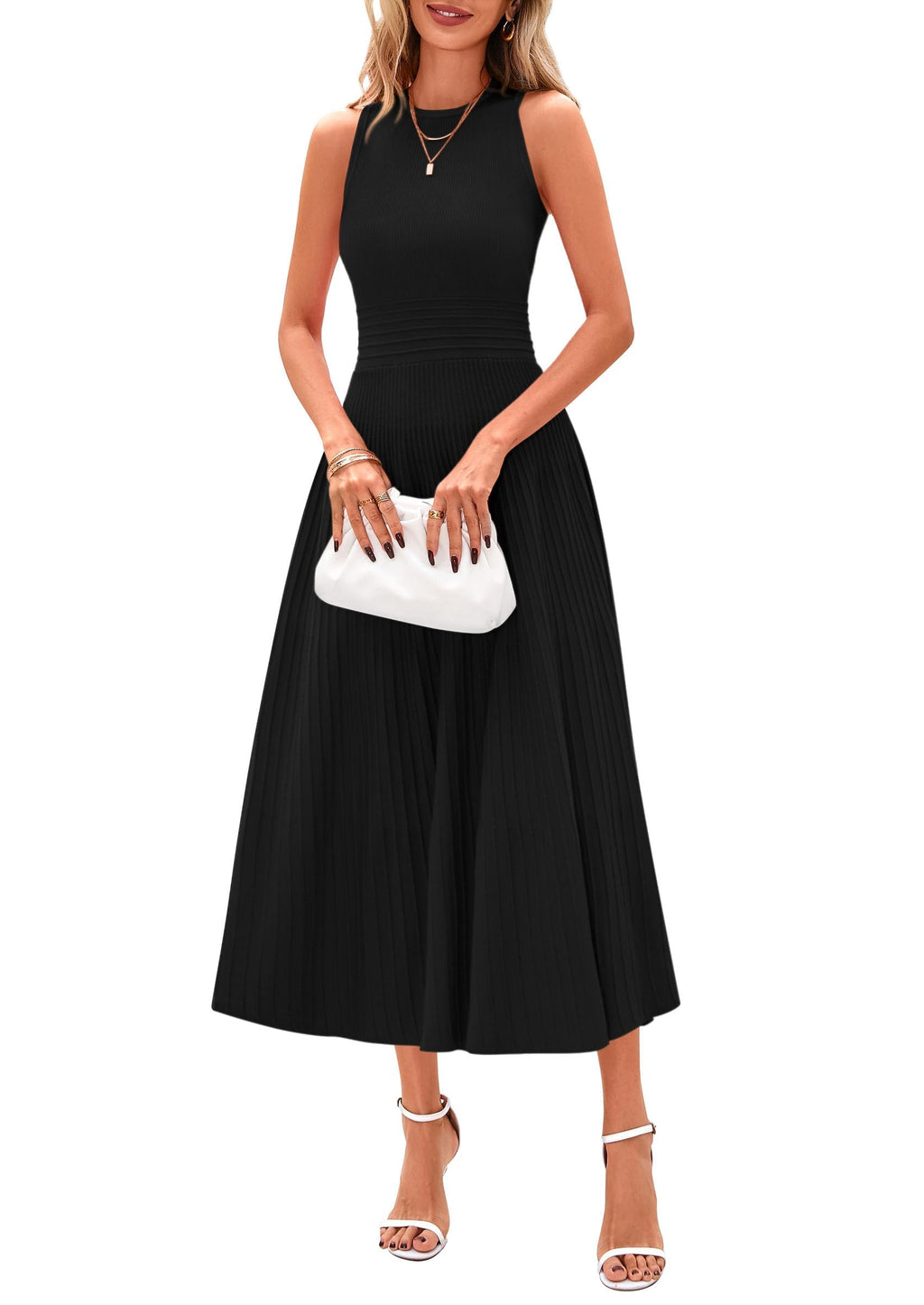 Women's Summer Pleated Midi Work Dress | Sleeveless A Line Knit Business Dresses, Spring Semi Formal Long Dress for Wedding Guest, Cocktail Party, Teacher Outfits