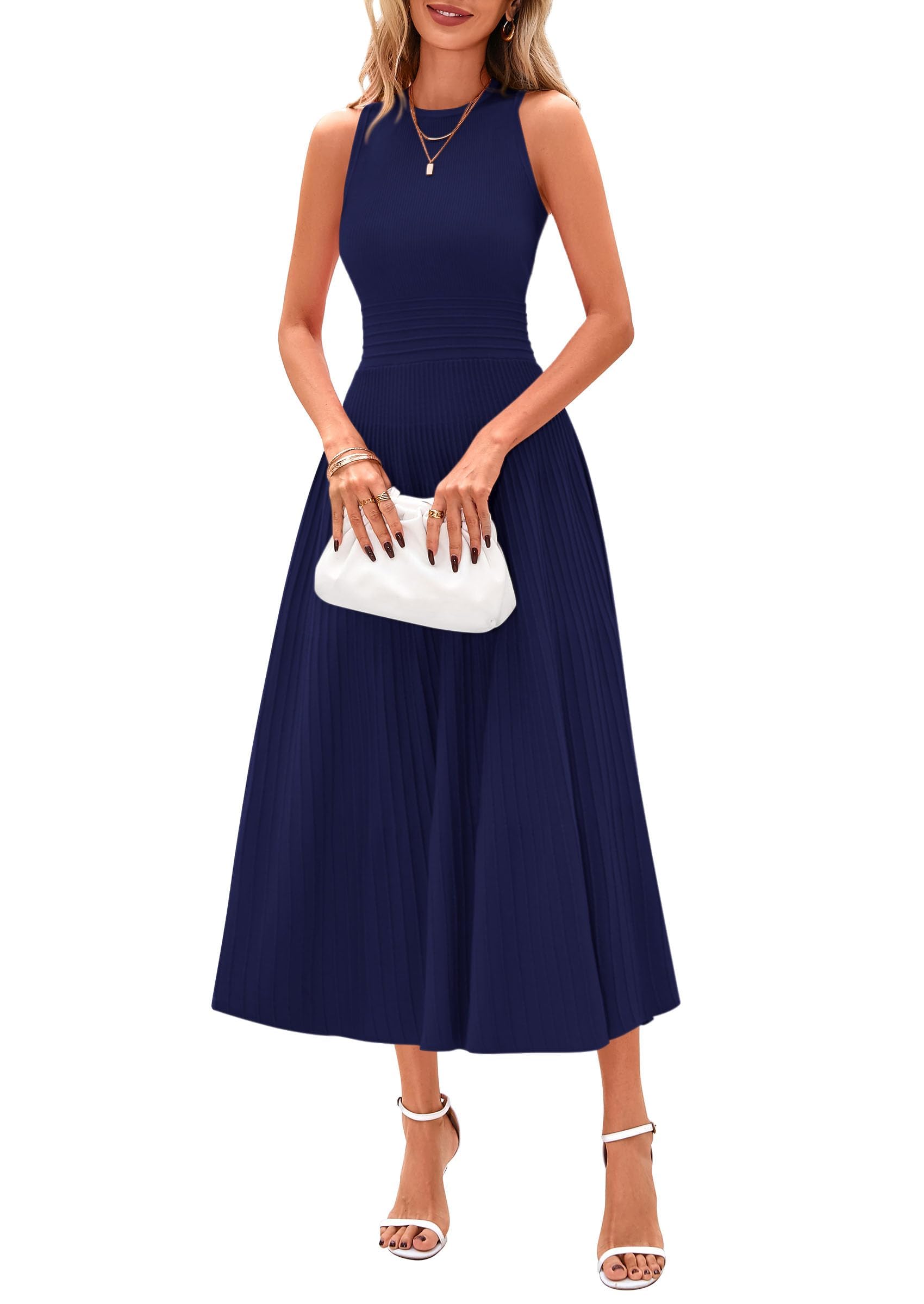 Women's Summer Pleated Midi Work Dress | Sleeveless A Line Knit Business Dresses, Spring Semi Formal Long Dress for Wedding Guest, Cocktail Party, Teacher Outfits