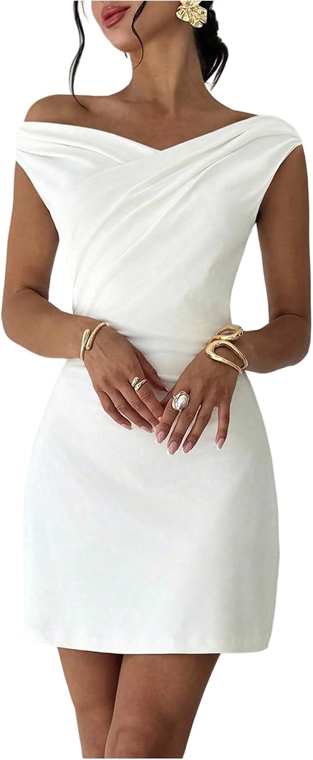Women's Off The Shoulder Mini Dress Birthday Cocktail Dress | Wedding Guest Mini Dress, Sexy Sleeveless Ruched Bodycon Pencil, Elegant Party Prom Formal Outfits