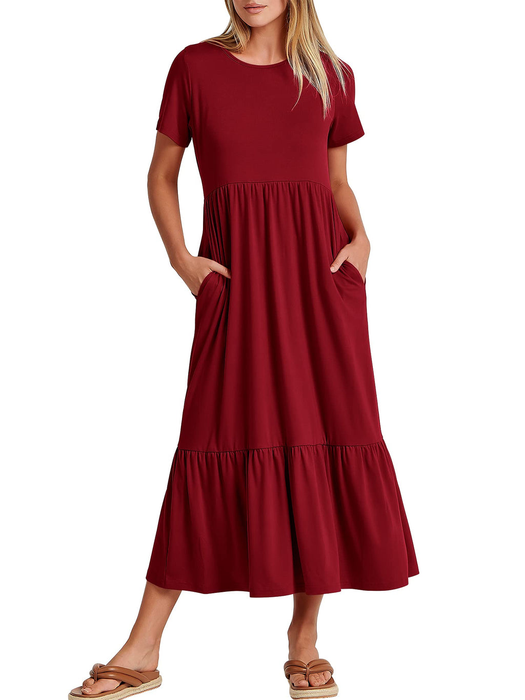 Womens 2026 Summer Casual Maxi Dress A line Tiered Flowy Short Sleeve Crewneck T Shirt Beach Travel Long Dresses