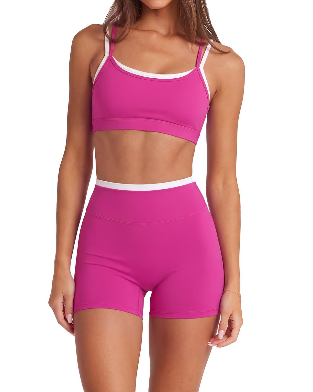 2 Piece Workout Sets Layered Sports Bra Yoga Gym Biker Shorts