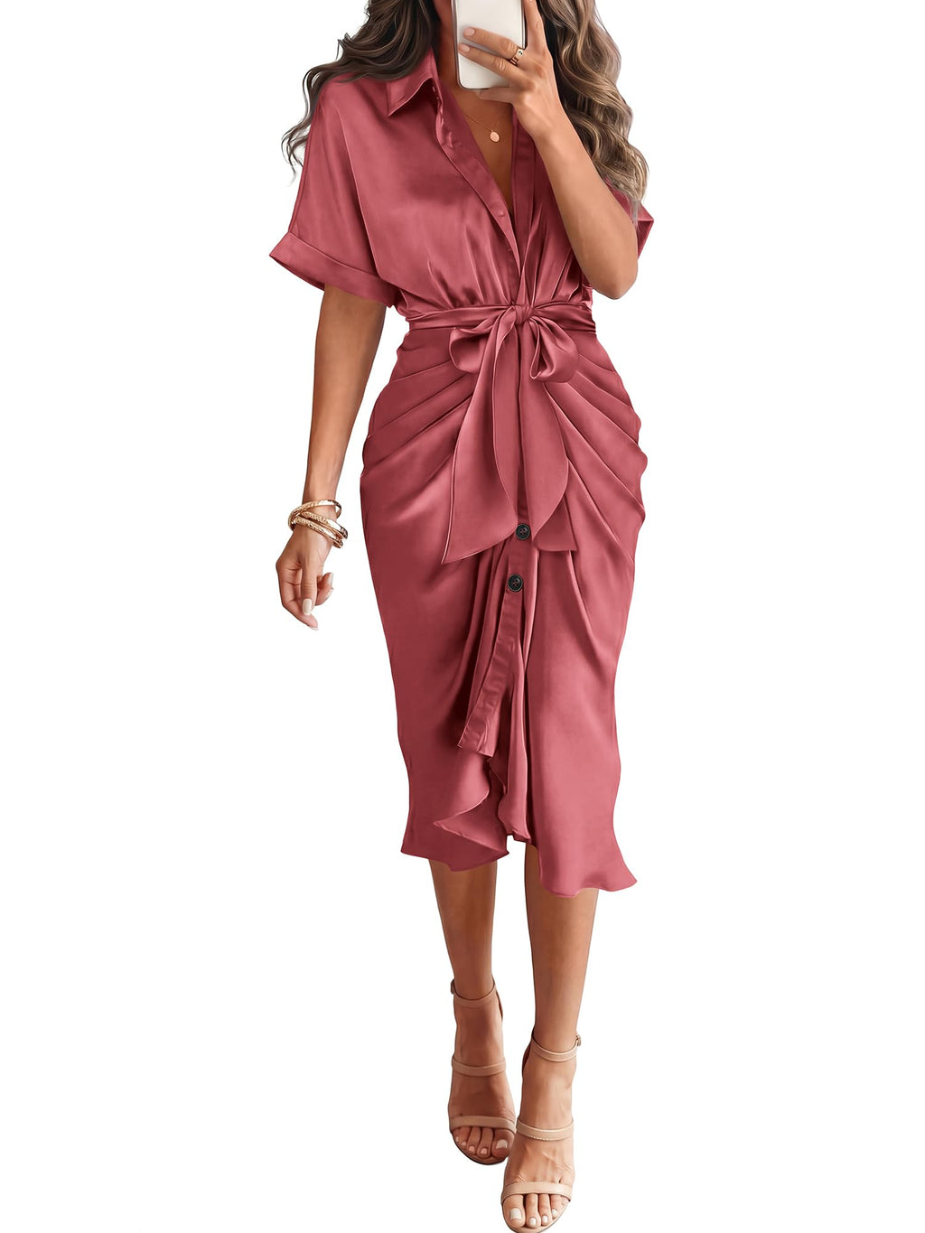 Dresses for Women Business Casual Outfits | Short Sleeve, Button Down, Lightweight, Silk Satin Dress, Ruched, Tie Waist, Cocktail, Party, Wedding Guest, Work Clothes