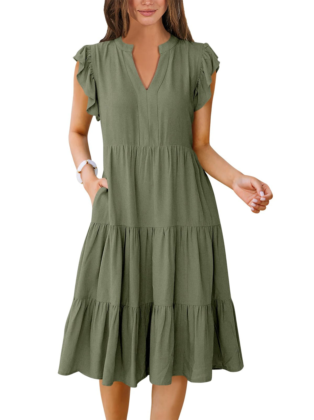 Womens Summer Dress Ruffle Sleeve V Neck Midi Dresses Fashion Casual Fit Flowy Tiered Boho Beach Vacation Sundress