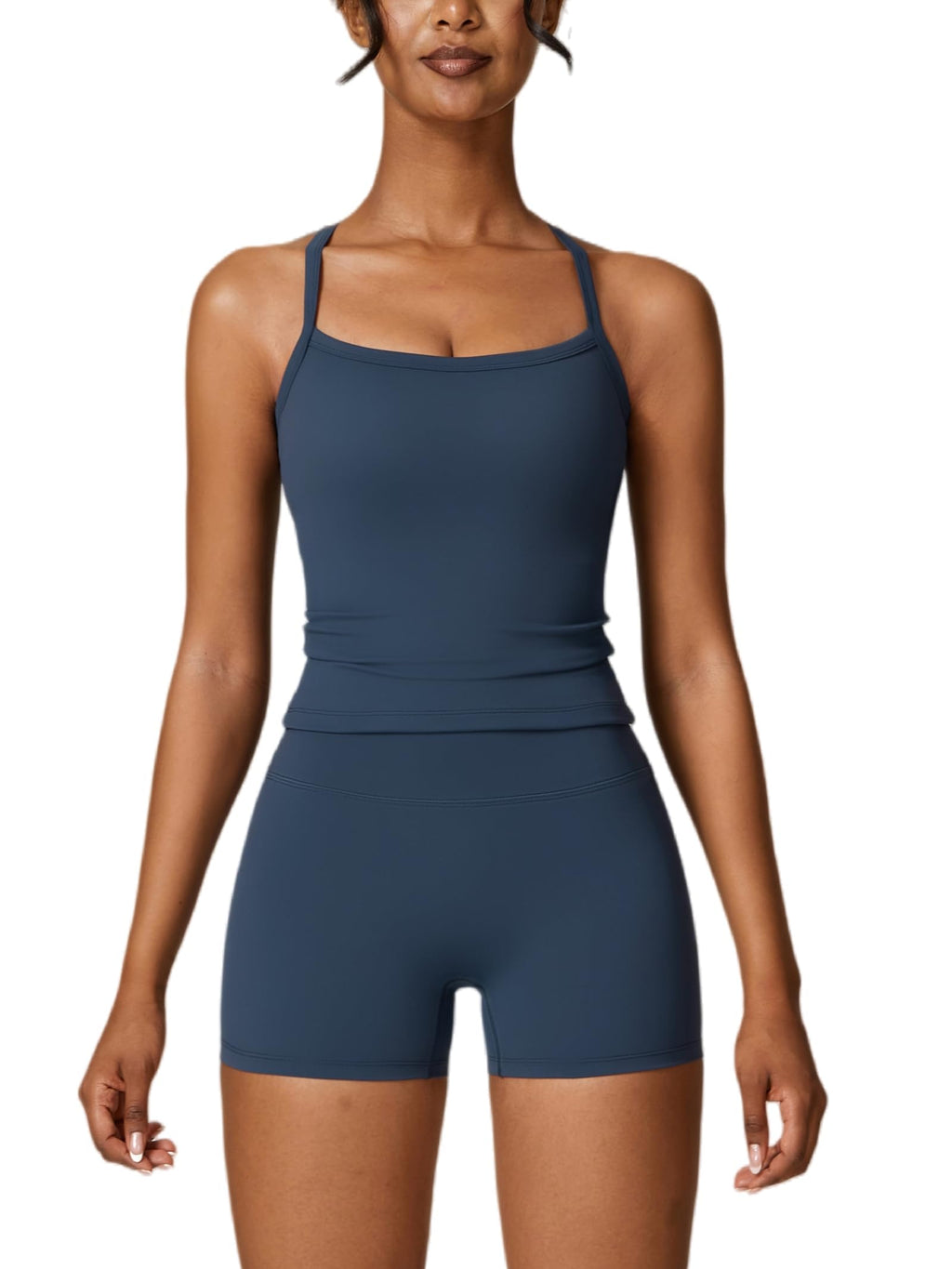 2 Pieces Workout Sets for Women, Cross Back Tank Top Matching High Waist Biker Shorts, Gym Yoga Pilates Outfits