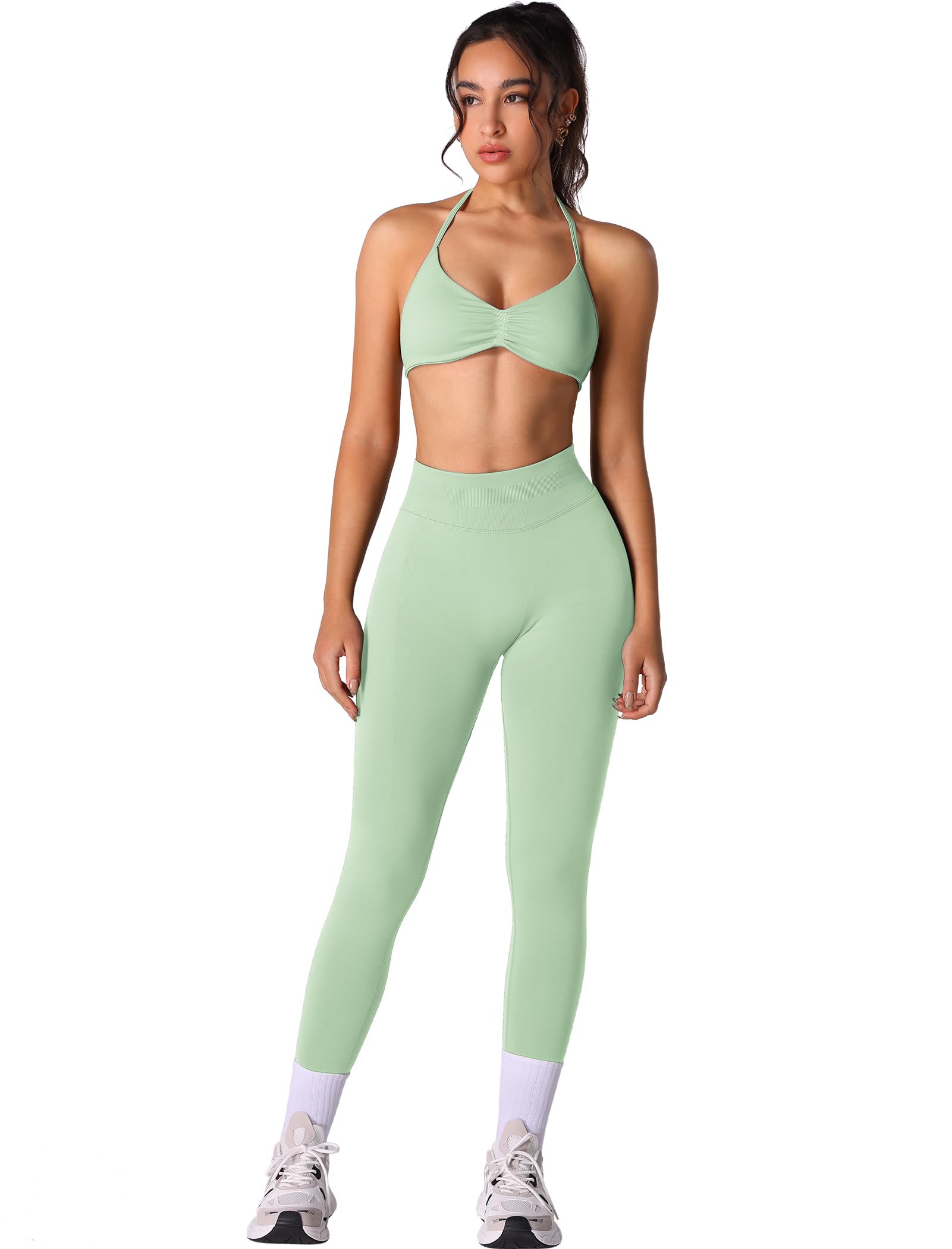 Workout Sets for Women 2 Piece Seamless Halter Sports Bra Scrunch Butt High Waist Leggings Gym Yoga Outfits