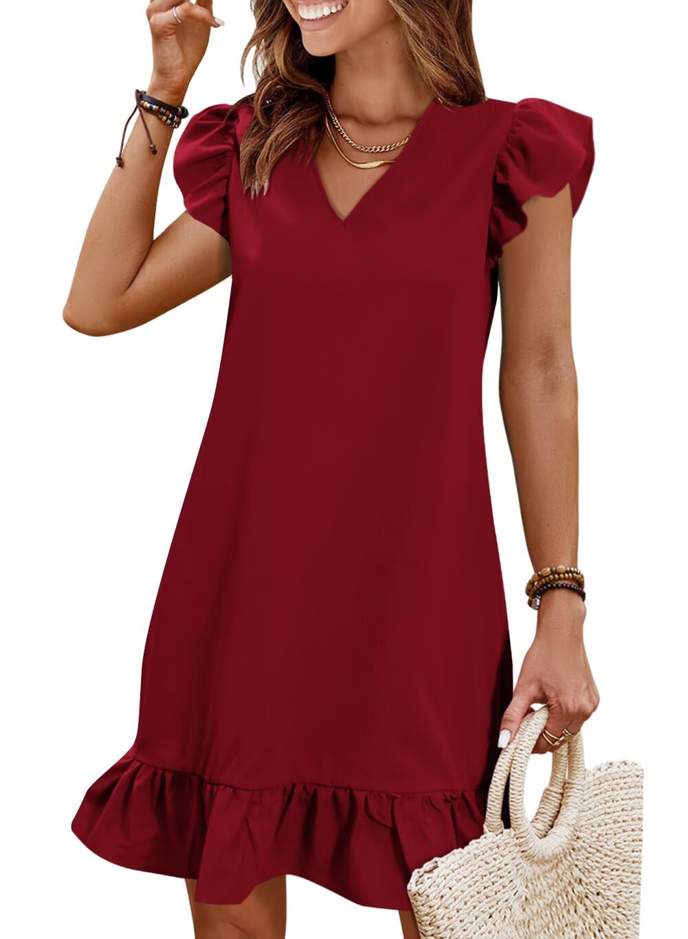 Summer Dresses for Women 2026 Beach Vacation Mini Sundress | Flutter Ruffle Cap Sleeves, V Neck, Ruffle Hem Shift Dress, Casual Loose Fit, Spring Wedding Guest Outfits
