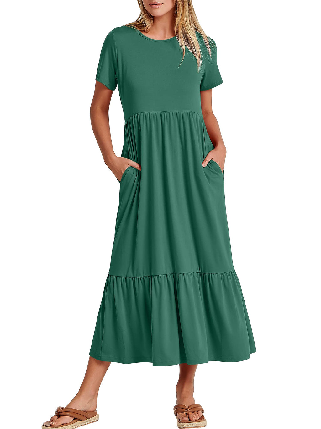 Womens 2026 Summer Casual Maxi Dress A line Tiered Flowy Short Sleeve Crewneck T Shirt Beach Travel Long Dresses