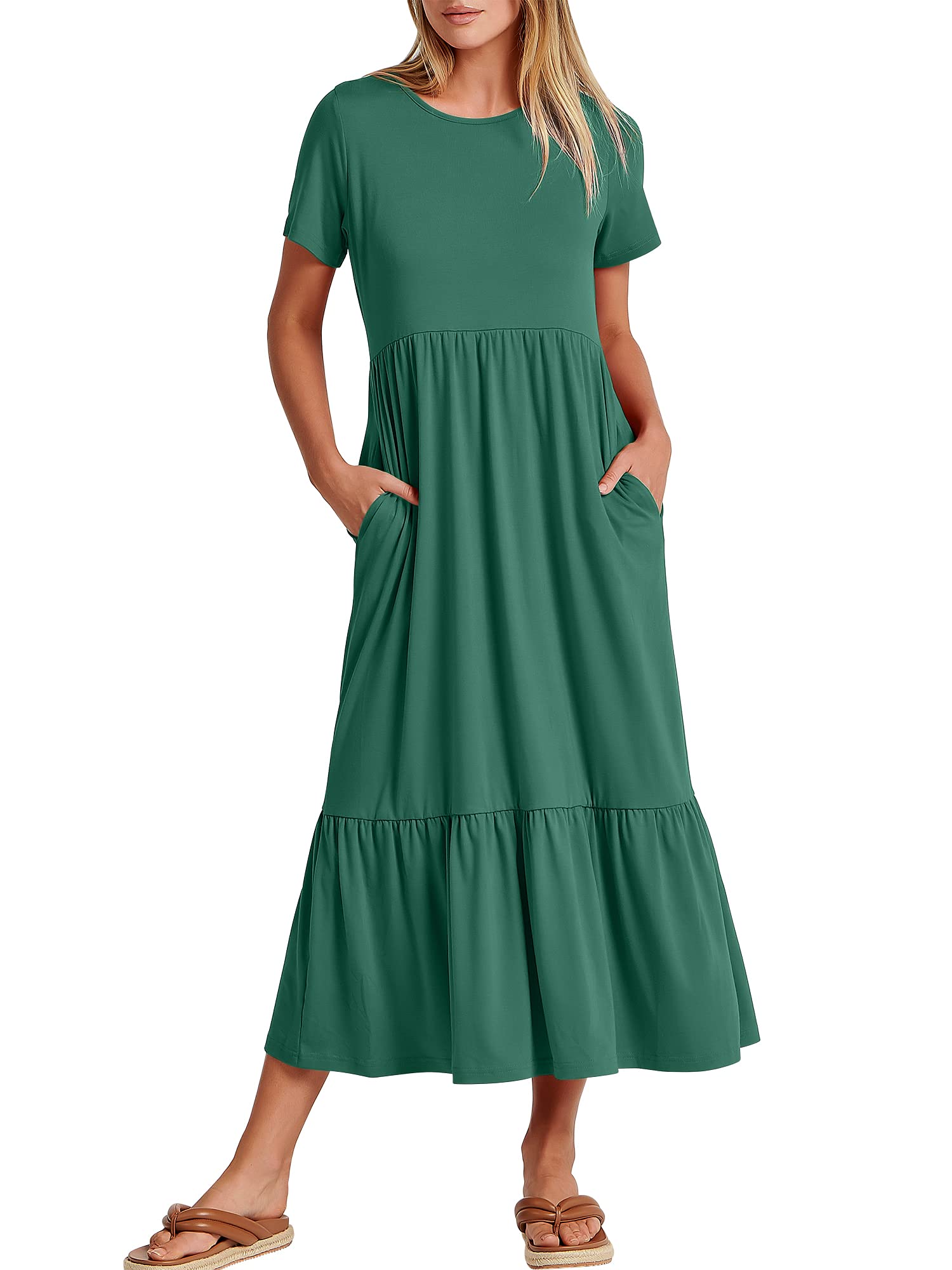 Womens 2026 Summer Casual Maxi Dress A line Tiered Flowy Short Sleeve Crewneck T Shirt Beach Travel Long Dresses