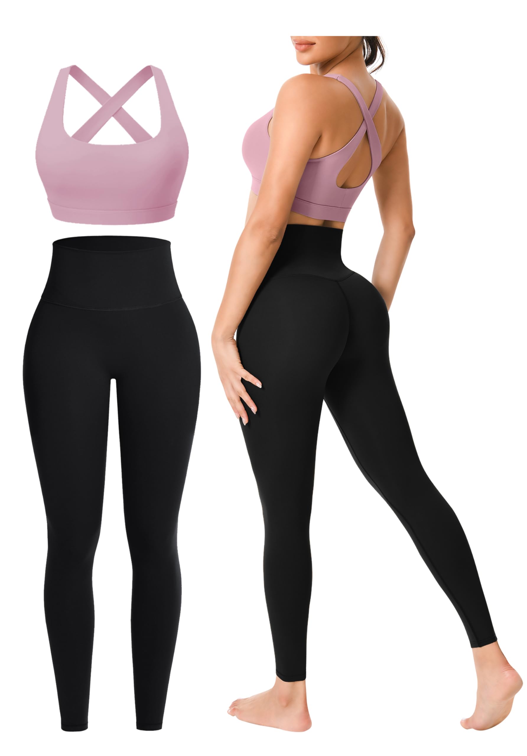 Workout Sets for Women 2 Pieces Seamless Yoga Legging Removable Bra Padding | Two Piece High-Waisted Butter Soft Activewear Plus Size Clothing Deportivo Para Mujer, Sports Supportive Cute Casual Clothes
