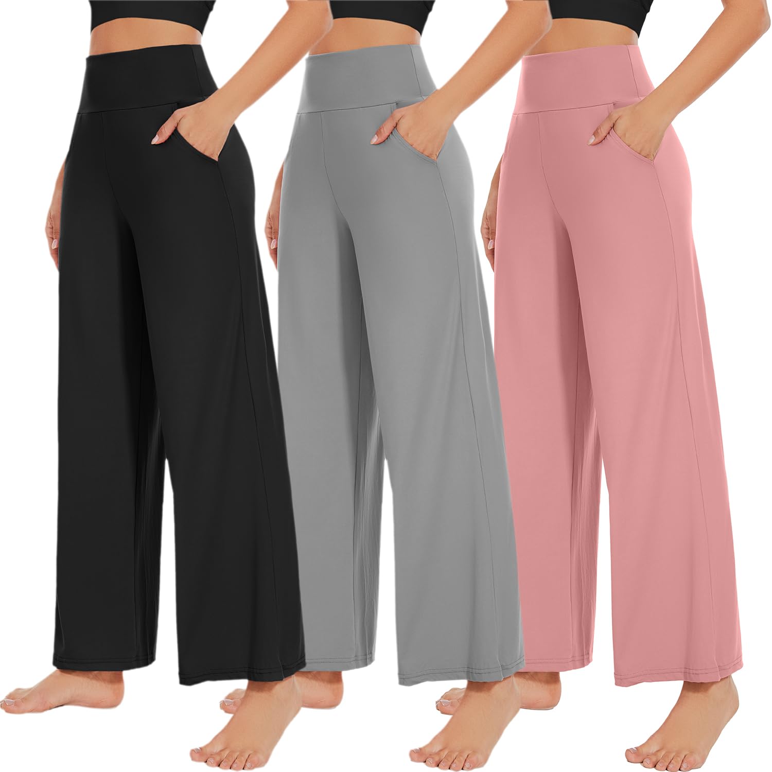 NEW Young 3 Pack Women's Wide Leg Pants with Pockets High Waist Loose Sweatpants Casual Lounge Yoga Workout Palazzo