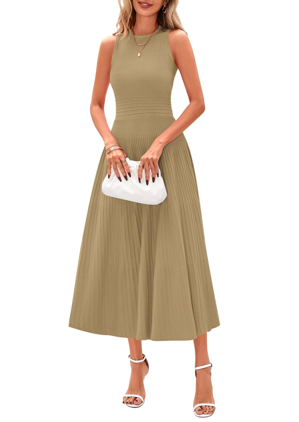 Women's Summer Pleated Midi Work Dress | Sleeveless A Line Knit Business Dresses, Spring Semi Formal Long Dress for Wedding Guest, Cocktail Party, Teacher Outfits