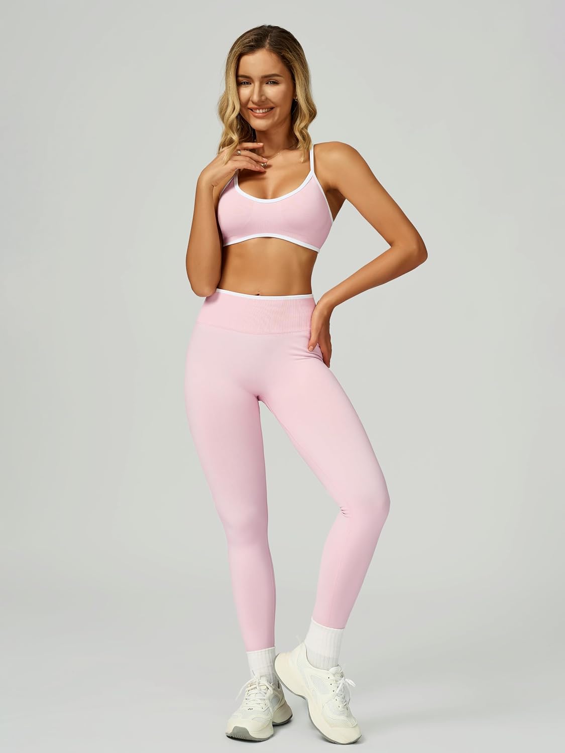 Womens 2 Piece Workout Sets Seamless Color Block Sports Bra Scrunch Butt Lifting High Waist Leggings Gym Set