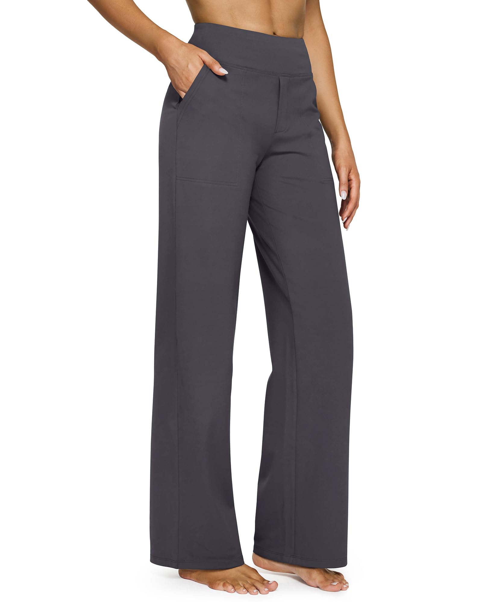 Yoga Pants for Women Wide Leg Pants with Pockets High Waisted | Moisture Wicking, Soft Comfortable Feel, 4-Way Stretch, Faux Fly, Faux Back Pockets, Yoga, Work & Casual Wear