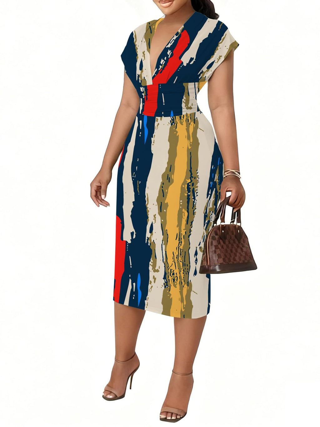 Women's Bodycon Midi Dress Deep V-Neck Cap Sleeve Ruched High Waist Stretchy Dresses for Date Nights, Parties & Work