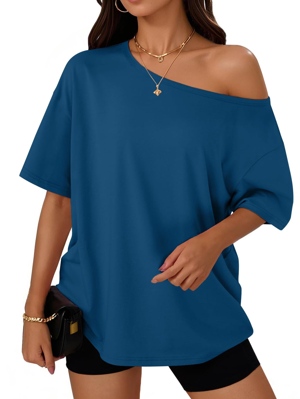 Womens Off the Shoulder Tops Oversized Summer T-Shirts 2026 | Breathable comfort stretch fabric, short sleeve, basic oversized tees, casual workout gym, y2k going out clothes