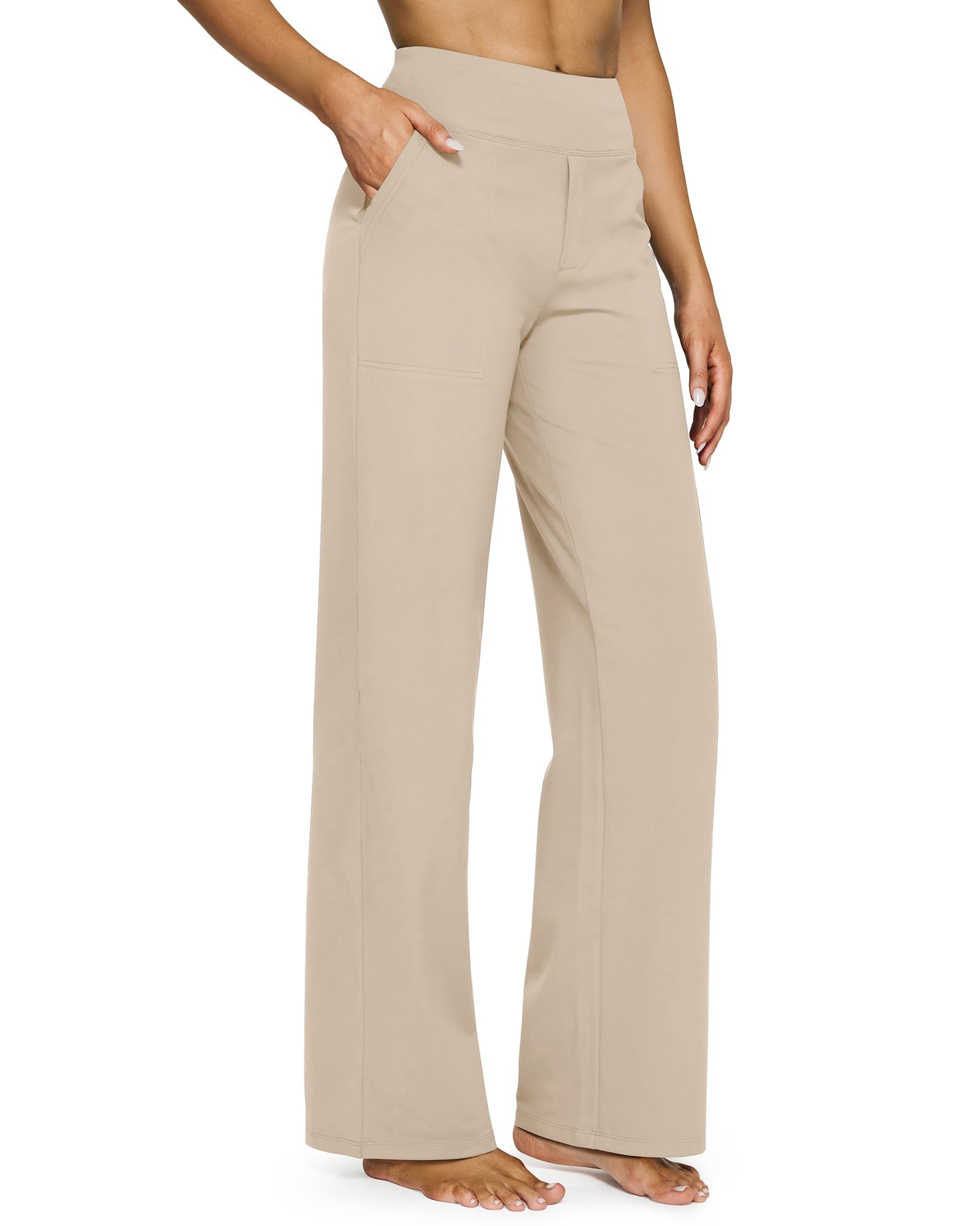 Yoga Pants for Women Wide Leg Pants with Pockets High Waisted | Moisture Wicking, Soft Comfortable Feel, 4-Way Stretch, Faux Fly, Faux Back Pockets, Yoga, Work & Casual Wear