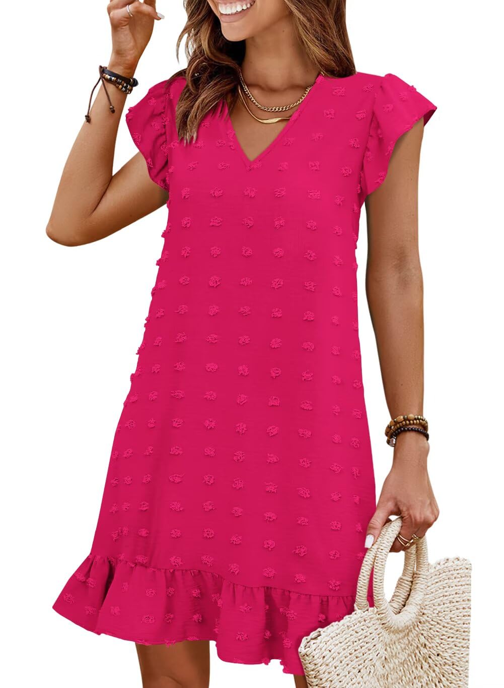 Summer Dresses for Women 2026 Beach Vacation Mini Sundress | Flutter Ruffle Cap Sleeves, V Neck, Ruffle Hem Shift Dress, Casual Loose Fit, Spring Wedding Guest Outfits