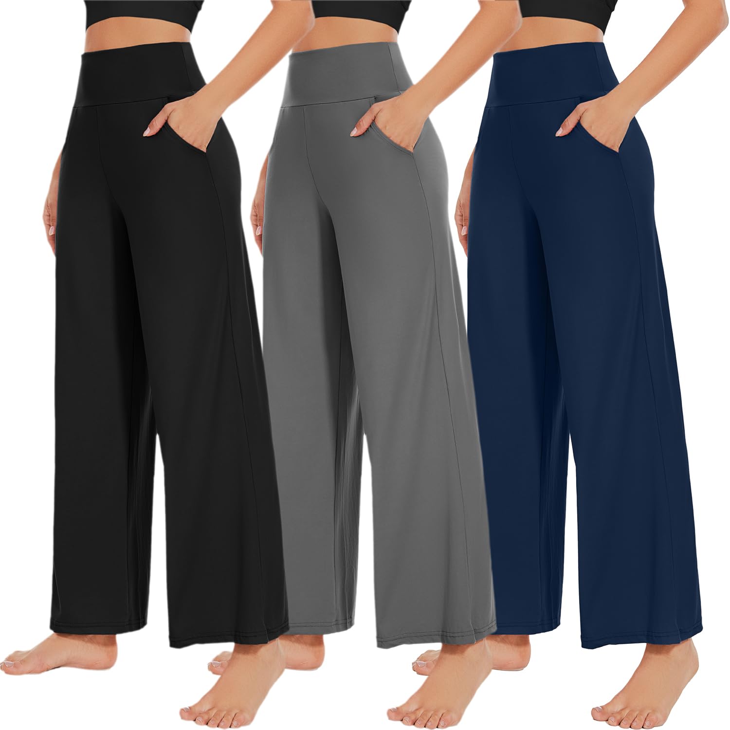 NEW Young 3 Pack Women's Wide Leg Pants with Pockets High Waist Loose Sweatpants Casual Lounge Yoga Workout Palazzo