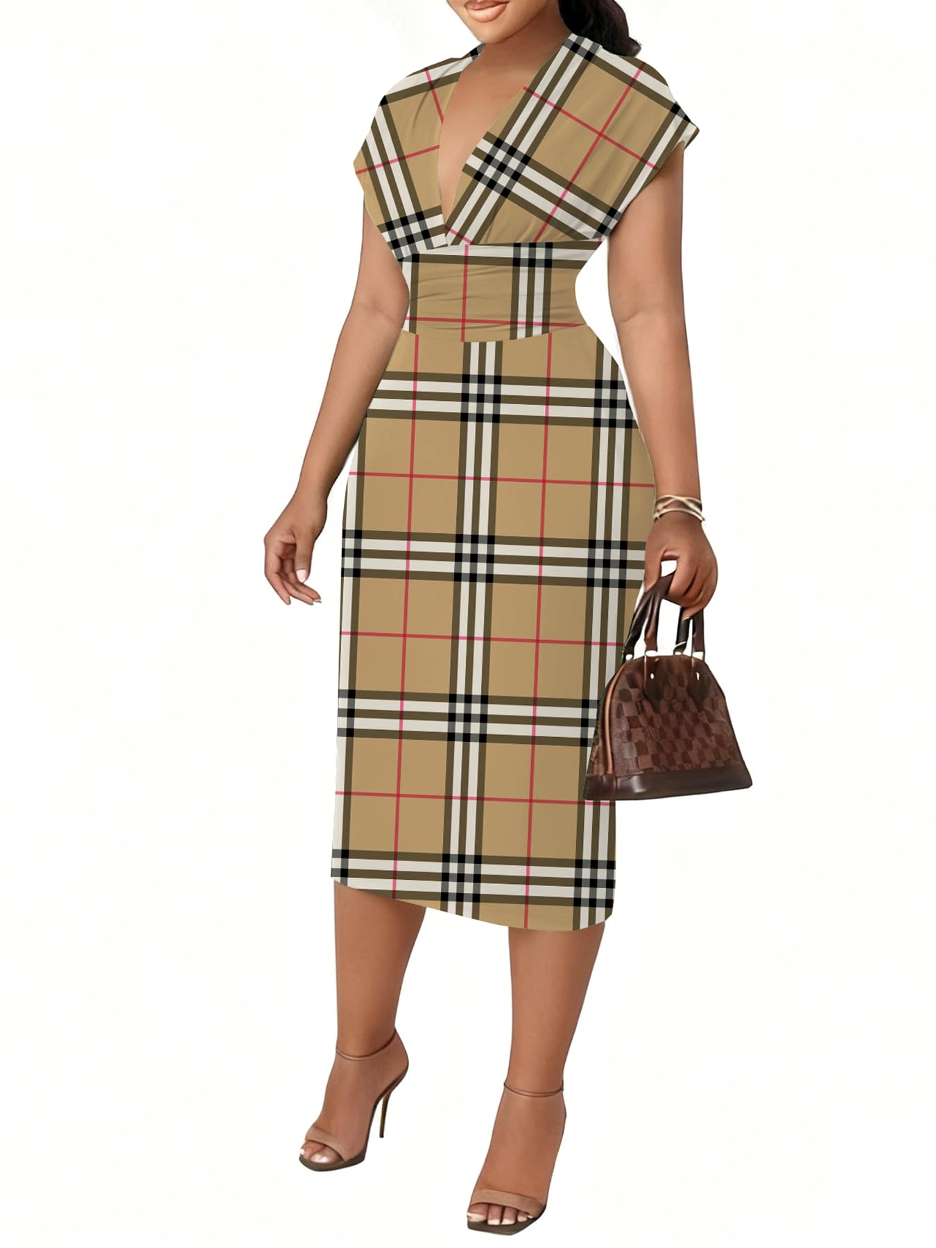 Women's Bodycon Midi Dress Deep V-Neck Cap Sleeve Ruched High Waist Stretchy Dresses for Date Nights, Parties & Work