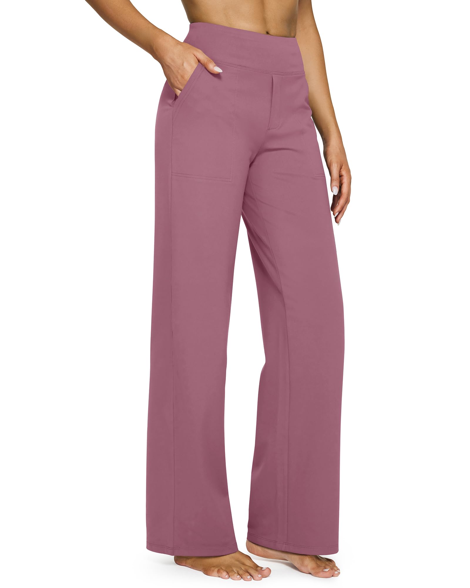 Yoga Pants for Women Wide Leg Pants with Pockets High Waisted | Moisture Wicking, Soft Comfortable Feel, 4-Way Stretch, Faux Fly, Faux Back Pockets, Yoga, Work & Casual Wear