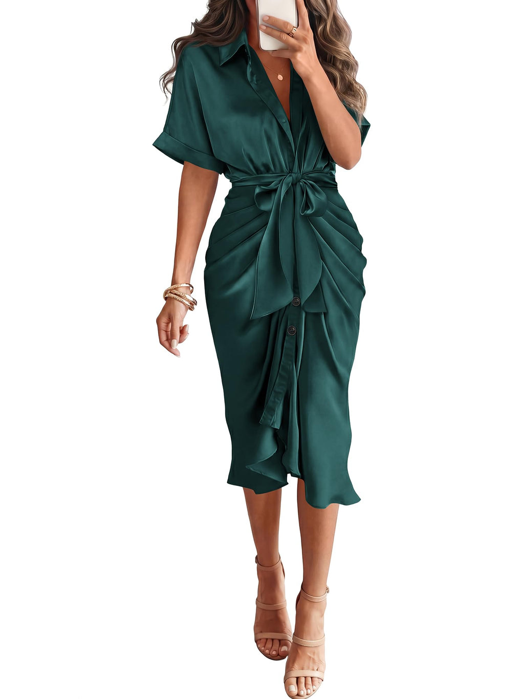 Dresses for Women Business Casual Outfits | Short Sleeve, Button Down, Lightweight, Silk Satin Dress, Ruched, Tie Waist, Cocktail, Party, Wedding Guest, Work Clothes