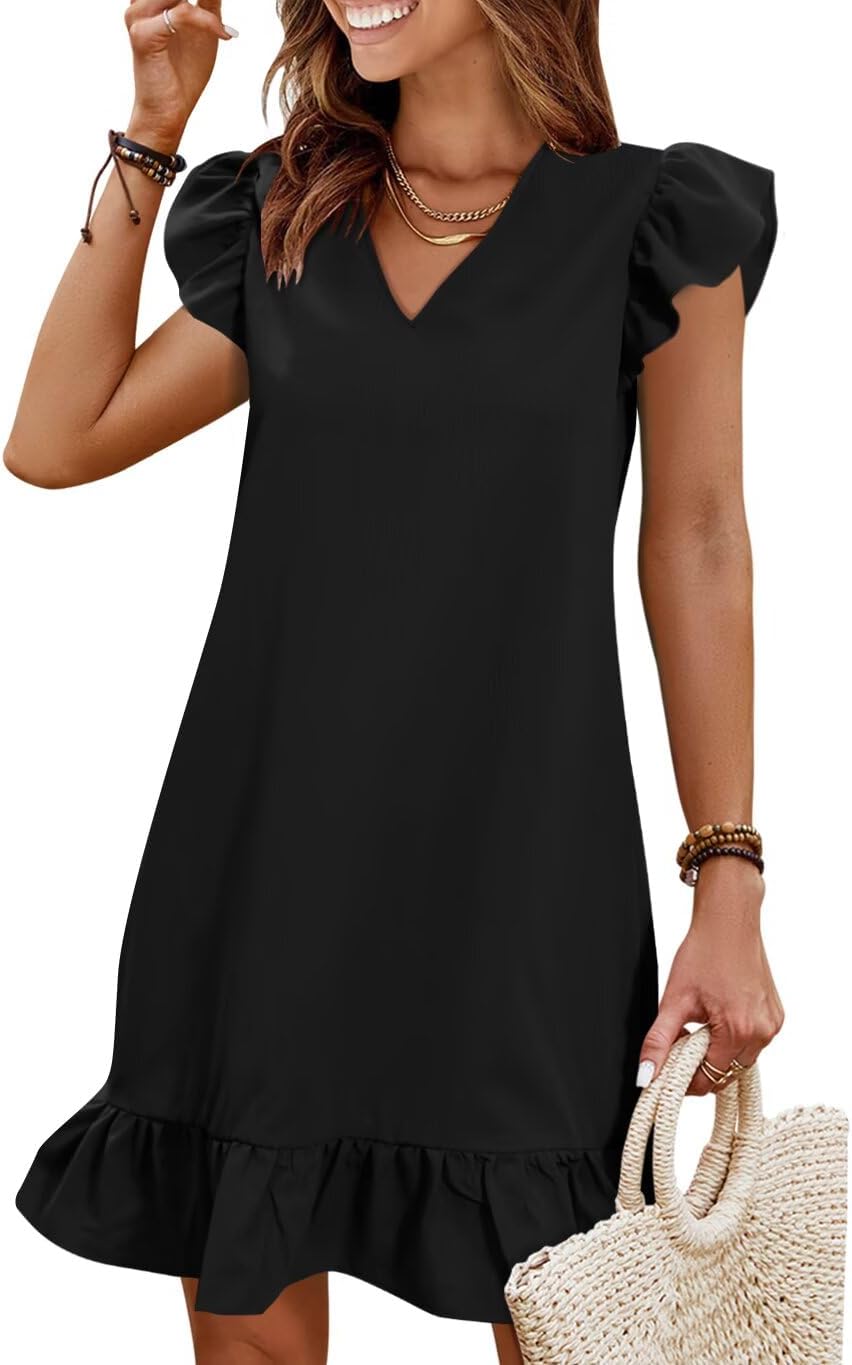 Summer Dresses for Women 2026 Beach Vacation Mini Sundress | Flutter Ruffle Cap Sleeves, V Neck, Ruffle Hem Shift Dress, Casual Loose Fit, Spring Wedding Guest Outfits
