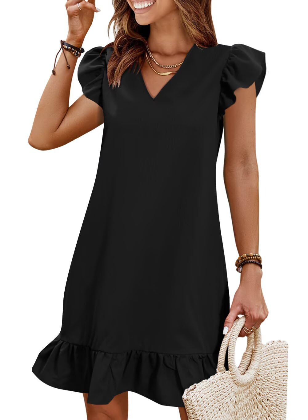 Summer Dresses for Women 2026 Beach Vacation Mini Sundress | Flutter Ruffle Cap Sleeves, V Neck, Ruffle Hem Shift Dress, Casual Loose Fit, Spring Wedding Guest Outfits