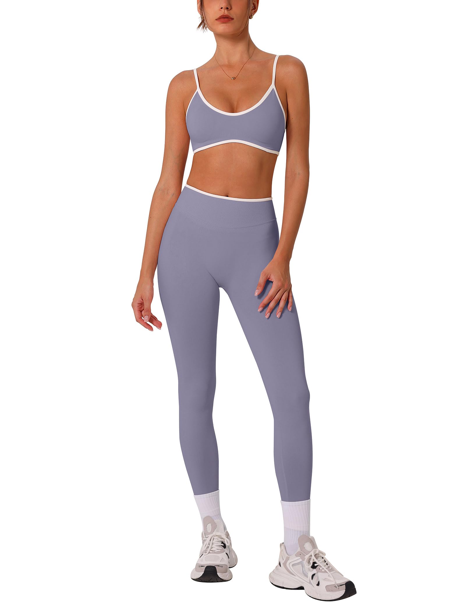 Womens 2 Piece Workout Sets Seamless Color Block Sports Bra Scrunch Butt Lifting High Waist Leggings Gym Set